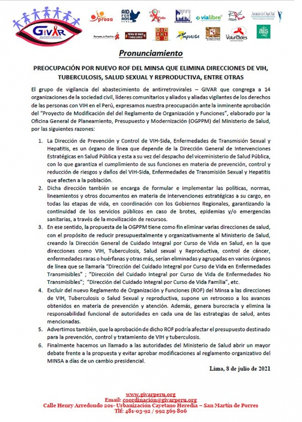 Pronunciamiento: PREOCUPACIÓN POR NUEVO ROF DEL MINSA QUE ELIMINA DIRECCIONES DE VIH, TUBERCULOSIS, SALUD SEXUAL Y REPRODUCTIVA, ENTRE OTRAS